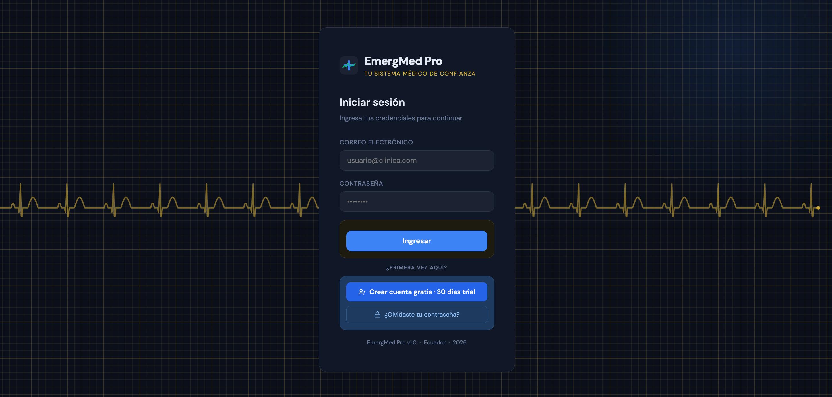 Pantalla de acceso seguro de EmergMed Pro